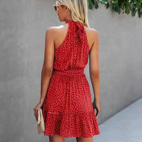 Boho Sleeveless Ruffle Halter Polka Dot Dress Red - Picture 3 of 5
